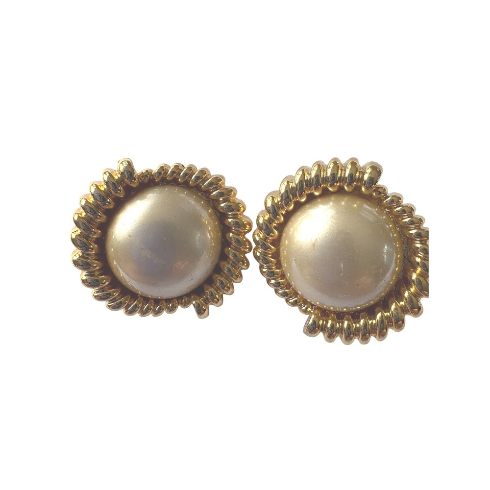 Vintage Carolee Faux Pearl Clip On Earrings Gold Tone Rope‎ Frame Classic